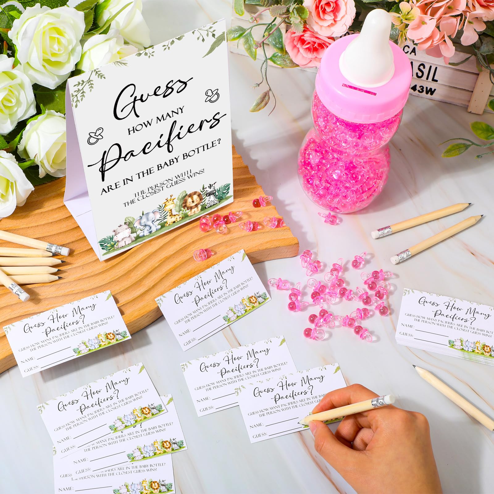 Roowest 512 Pcs Baby Shower Games Guess How Many Pacifiers Greenery Game Sign 100 Small Guessing Games 10 Hb Pencils 750Ml Milk